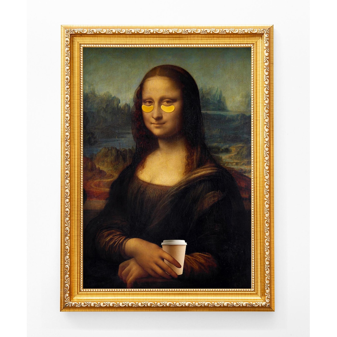 Funny Mona Lisa Coffee Cup Art Print, Eye Patches, Altered