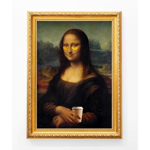 Impresión artística de una taza de café de la Mona Lisa, parches en los ojos y retrato renacentista alterado (descarga digital)