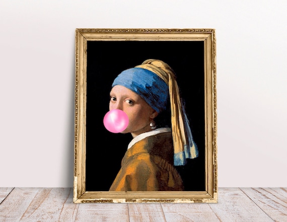 Pink Bubble Gum Poster Blowing Alter Art Portrait Girl With Pearl