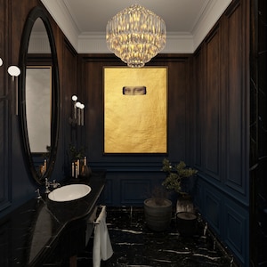 May include: A luxurious bathroom with dark wood paneling and a black marble countertop. A large gold artwork with eyes is centered on the wall. A crystal chandelier hangs from the ceiling, and an oval mirror is on the wall.