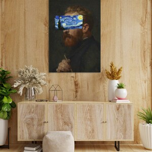 Van Gogh portrait with Starry Night covering eyes, funny altered art print, vintage painting with modern surreal twist