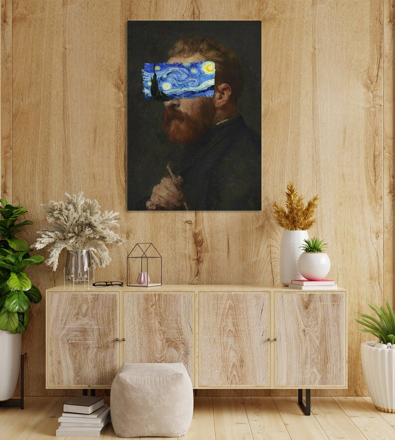 Van Gogh portrait with Starry Night covering eyes, funny altered art print, vintage painting with modern surreal twist