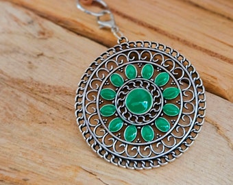 Mandala pendant XL carabiner interchangeable pendant for chains color silver green enamel