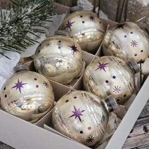 6 antike Glaskugeln Weihnachten silbern Vintage mundgeblasen Haken alter Baumschmuck Landhaus nostalgisch Dekoration Eckartina gefrostet