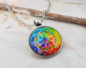 Collana mandala cabochon pendente in vetro colorato collana di chakra