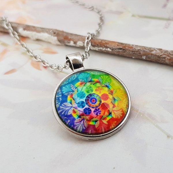 Kette Mandala Cabochon Glasanhänger bunt Chakren Halskette