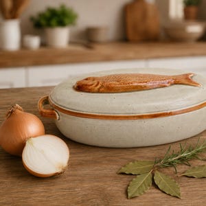 Könnte beinhalten: Eine ovale Auflaufform aus Keramik mit gesprenkelter hellgrauer Oberfläche und braunem Rand. Der Deckel zeigt ein erhabenes, geformtes braunes Fischmotiv. An den Seiten befinden sich zwei kleine Griffe. Eine ganze Zwiebel, eine halbe Zwiebel und Lorbeerblätter liegen daneben.