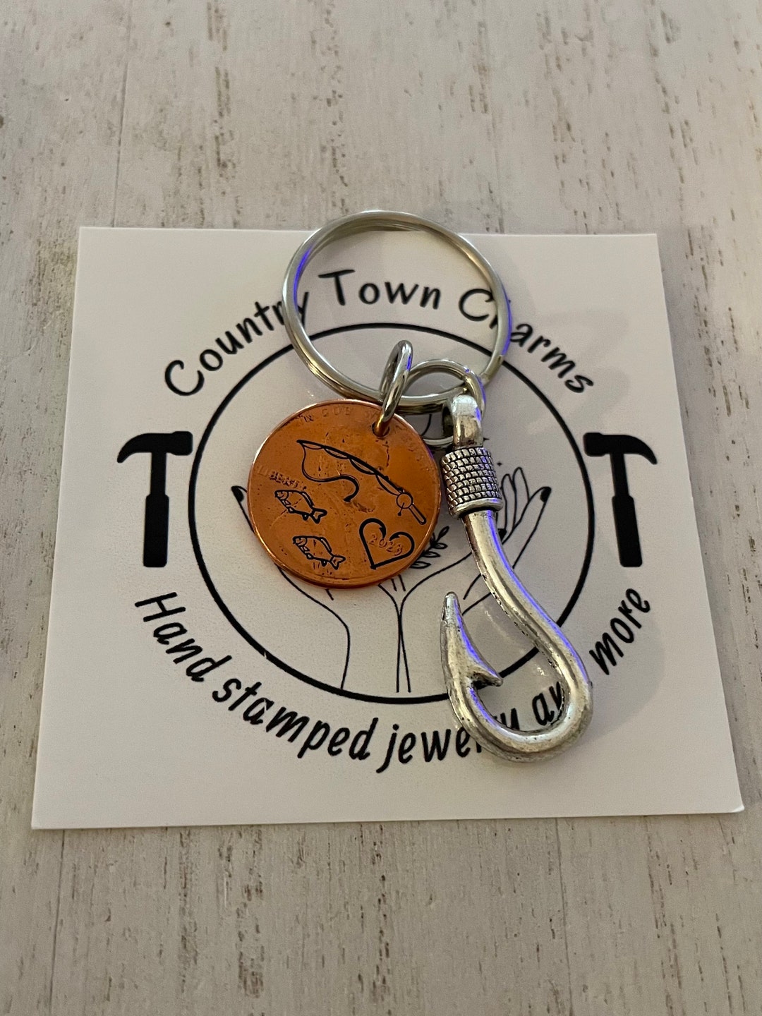 Hand Stamped Penny Keychain and Hook Charm, Fishing, Fish, Penny