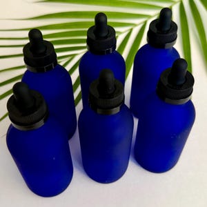 May include: Six cobalt blue glass bottles with black dropper tops. The bottles have a frosted finish and are arranged on a white surface with green palm leaves in the background. The bottles are empty and ready to be filled.