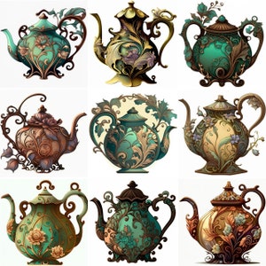 May include: A collection of nine decorative teapots, each with elaborate floral and foliage patterns. The teapots display a range of colours, such as teal, gold, brown, and cream. Every teapot has a distinctive handle, spout, and lid, giving a vintage feel.