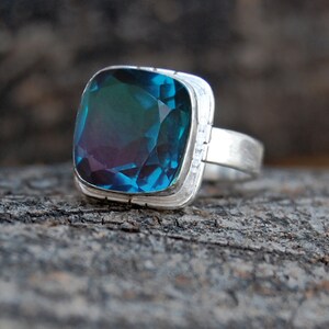 Cushion Dark Blue Alexandrite Quartz Ring: 925 Sterling Silver