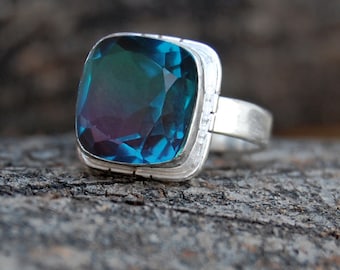 Cushion Dark Blue Alexandrite Quartz Ring: 925 Sterling Silver