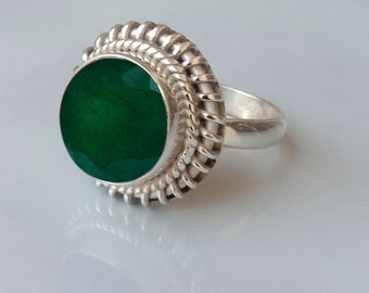 Raw Green Emerald Ring: Faceted Sterling Silver Birthstone Jewelry