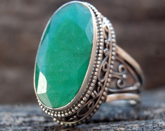 Oval Emerald Sterling Silver Ring: Raw Green Gemstone Statement Jewelry