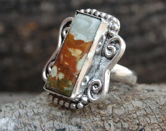 Handgefertigter Regenwald Jaspis Ring: 925 Sterling Silber Edelsteinschmuck