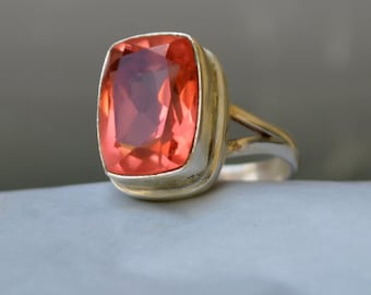 Padparadscha Sapphire Ring: Scissor Cut, Sterling Silver & 18K Gold Filled