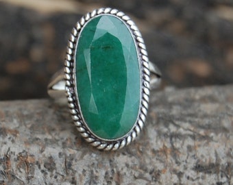 Oval Faceted Raw Emerald Ring: Sterling Silver Statement Jewelry