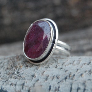 Raw Ruby Sterling Silver Ring: Handmade Dark Red Birthstone Jewelry