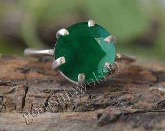 Raw Emerald Sterling Silver Ring: Round Cut Birthstone Jewelry