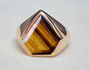Diamond Tiger Eye Gemstone Ring: 925 Sterling Silver, 18K Gold Filled