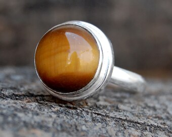 Round Cabochon Tiger Eye Ring: Sterling Silver Gemstone Jewelry