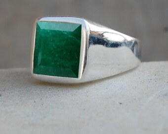 Faceted Green Emerald Ring: Raw Gemstone, Sterling Silver