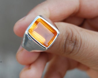 Cushion Cut Orange Sapphire Ring: Handmade Sterling Silver Jewelry
