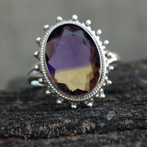Oval Ametrine Gemstone Ring: 925 Sterling Silver, Purple Yellow Quartz