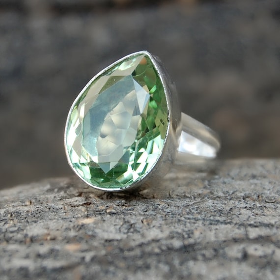 Pear Green Amethyst Ring: Handmade 925 Sterling Silver Prasiolite