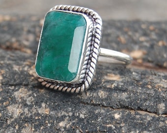 Raw Green Emerald Sterling Silver Ring: Faceted Cushion Stone