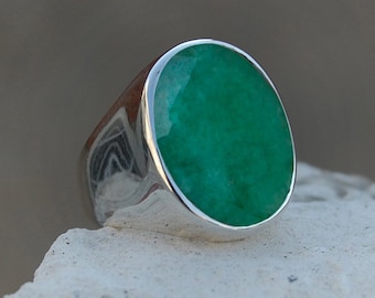 Oval Raw Emerald Gemstone Ring: Sterling Silver Birthstone Jewelry