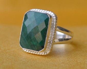 Handmade Raw Green Emerald Ring: Faceted Sterling Silver Birthstone Jewelry