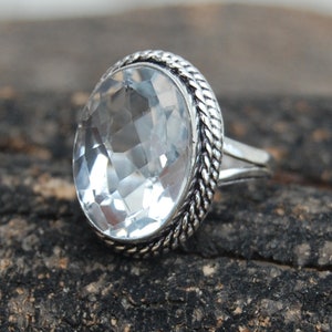 Oval White Topaz Sterling Silver Ring: Statement Birthstone Jewelry