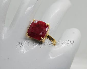 Raw Red Ruby Statement Ring: 925 Sterling Silver, 14K Yellow Gold Fill