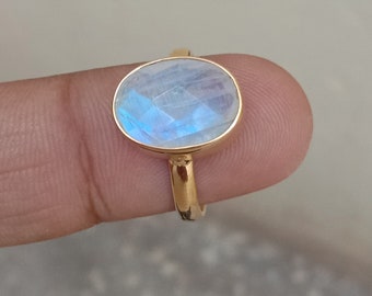 Handmade Oval Rainbow Moonstone Ring: Sterling Silver, Gold Filled