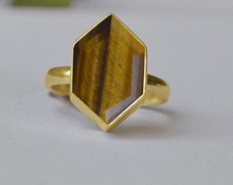 Hexagon Tiger Eye Ring: 925 Sterling Silver, 18K Gold Filled
