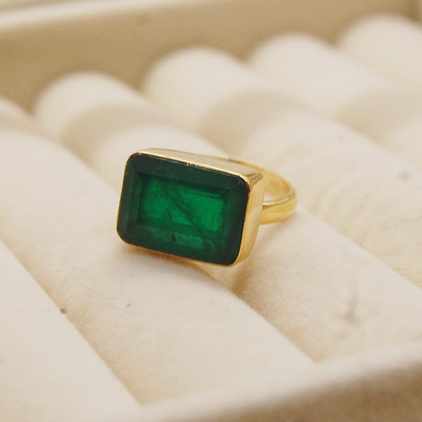 Horizontal Dark Emerald Quartz Ring: Yellow Gold Filled 925 Sterling Silver