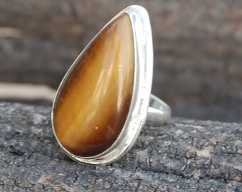 Pear Brown Tiger Eye Ring: Sterling Silver Gemstone Ring