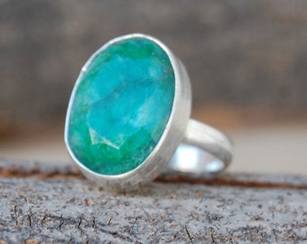 Handmade Raw Emerald Ring: Faceted Green Gemstone, Sterling Silver