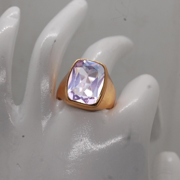 Bague avec pierre gemme rose kunzite coussin : argent sterling 925, or 18 carats