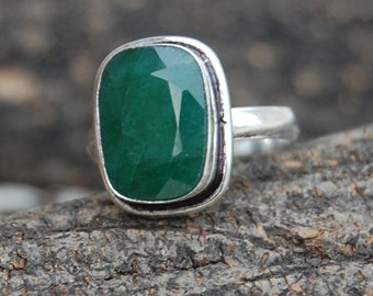 Raw Green Emerald Sterling Silver Ring: Faceted Cushion Stone