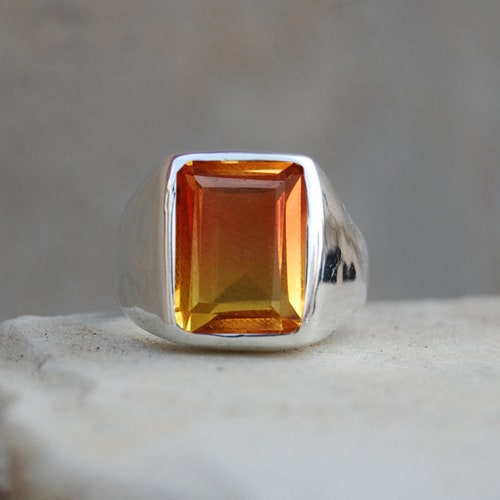 Bague grenat mandarin taille émeraude : bijoux en argent sterling 925 avec pierre de naissance