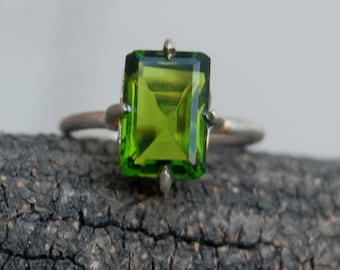 Emerald Cut Peridot Quartz Ring: 925 Sterling Silver Birthstone Jewelry