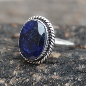 natural raw blue sapphire 925 sterling silver ring / yellow gold filled, rose gold filled birthstone jewelry / Oval sapphire handmade ring
