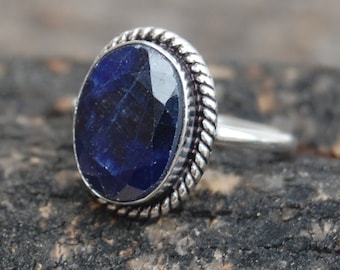 Raw Blue Sapphire Ring: Oval Sterling Silver Birthstone Jewelry