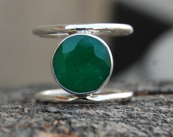 Raw Green Emerald Ring: Handmade 925 Sterling Silver Birthstone Jewelry