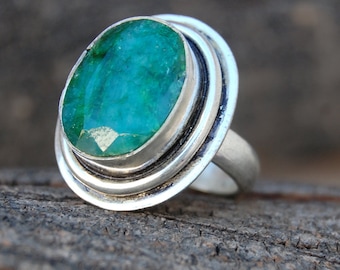 Faceted Raw Green Emerald Ring, 925 Sterling Silver, Handmade