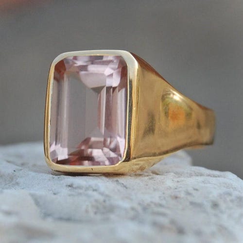 Bague quartz morganite pêche : argent sterling 925, chevalière remplie d'or 14 carats