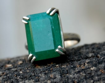 Cushion Cut Raw Emerald Ring: Sterling Silver Statement Ring