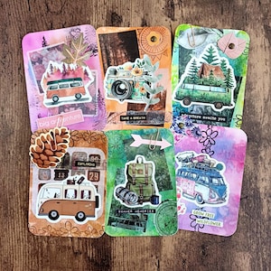 Cartões de diário em aquarela com tema de viagem - itens efêmeros pintados à mão para diários de viagem, scrapbooking e planejadores diários - conjunto de 6